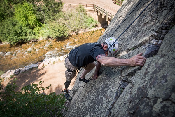 A climber on the wall in Eldorado Canyon
